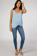 Light Blue Solid Knot Front Cami Strap Top