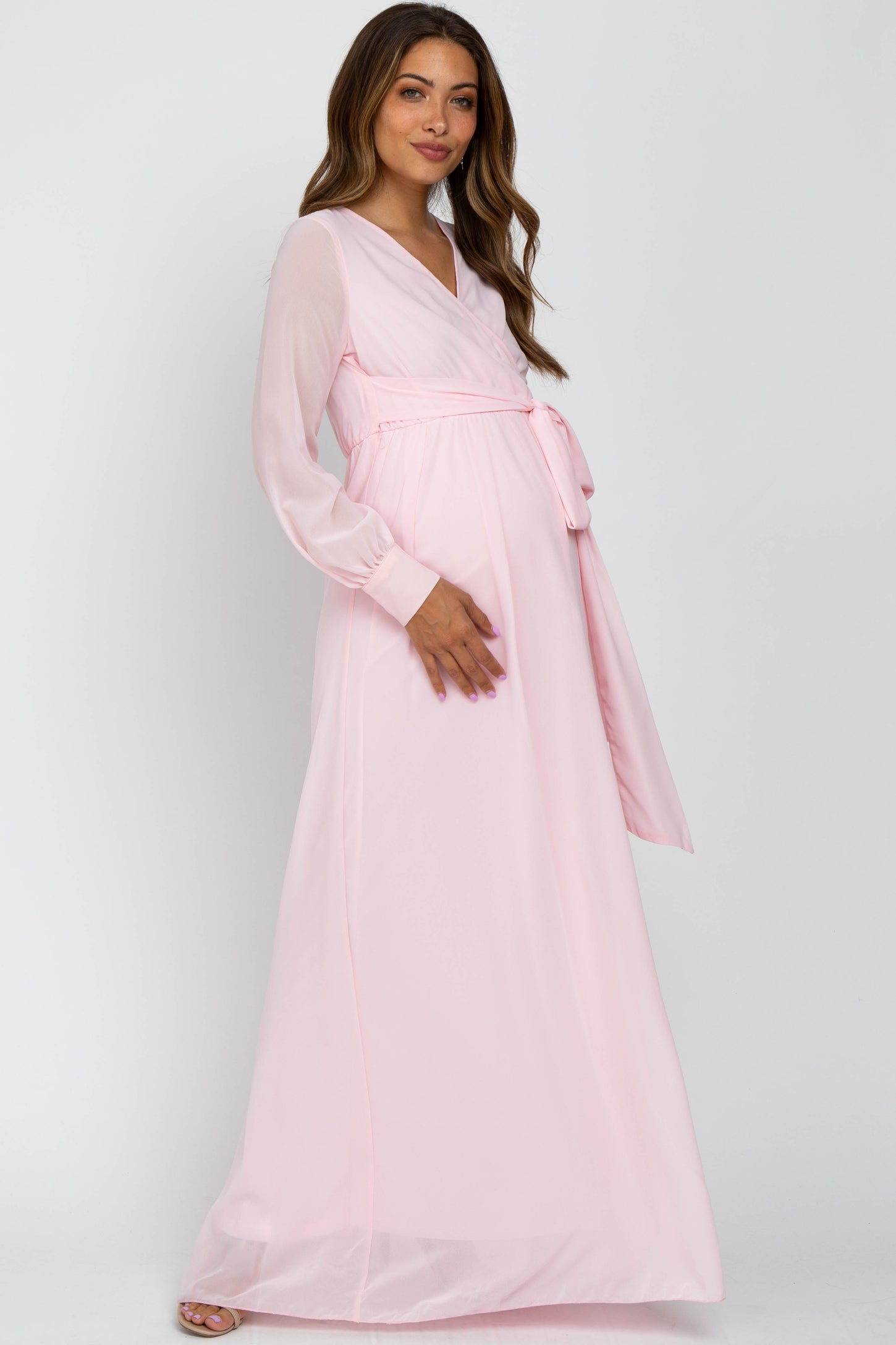 Light Pink Chiffon Long Sleeve Maternity Maxi Dress