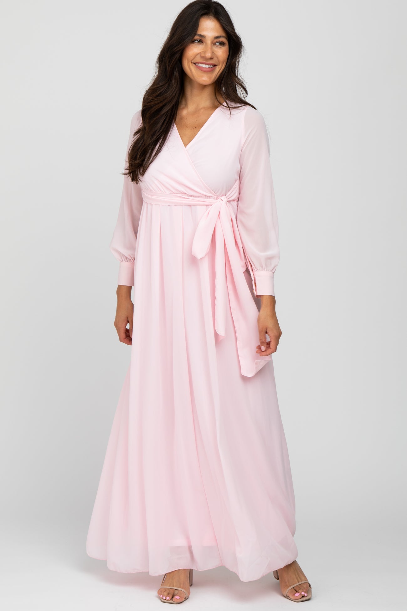 light pink long dress with sleeves Modest Prom Long Pink Off Shoulder Mesh Maxi DressHow to style Long Sleeve Crystal Detail A