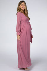 Dusty Mauve Chiffon Long Sleeve Pleated Maternity Maxi Dress