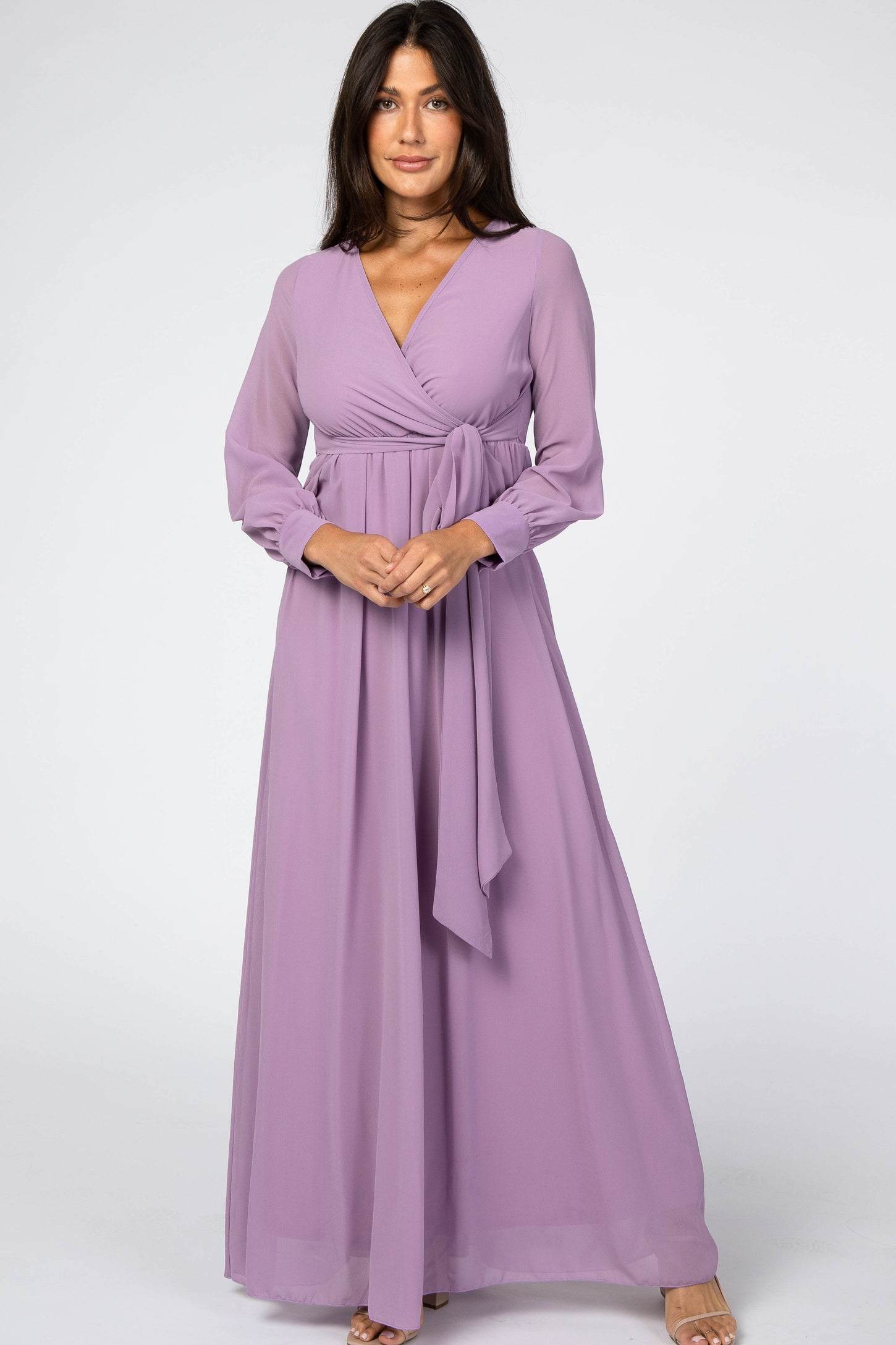 Violet Chiffon Long Sleeve Pleated Maternity Maxi Dress– PinkBlush