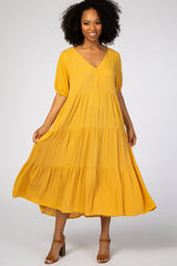 Mustard Tiered Short Sleeve Midi Dress