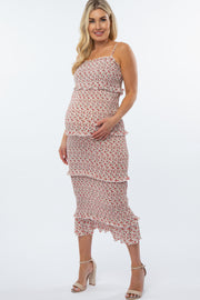 Red Floral Print Smocked Tiered Maternity Dress