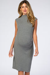 Grey Ribbed Mock Neck Fitted Maternity Dress