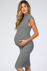 Grey Ribbed Mock Neck Fitted Maternity Dress