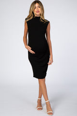 Black Ribbed Mock Neck Fitted Maternity Dress