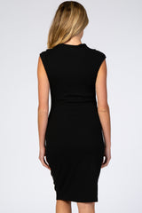 Black Ribbed Mock Neck Fitted Maternity Dress