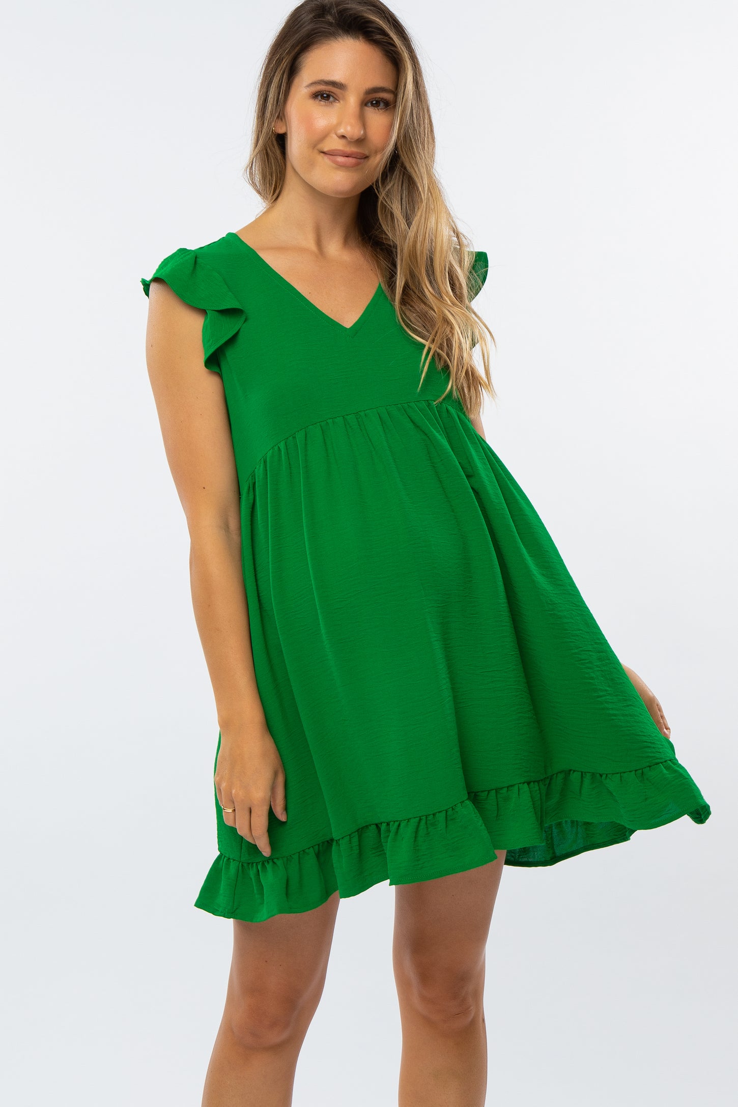 Green Ruffle Hem V-Neck Maternity Dress