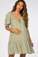 Light Olive Ruffle Puff Sleeve Maternity Dress