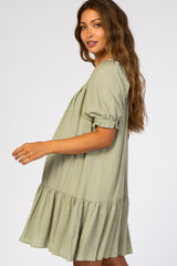 Light Olive Ruffle Puff Sleeve Maternity Dress