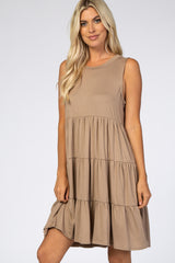 Taupe Soft Knit Pleated Tiered Sleeveless Dress