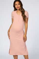 Pink Ribbed Button Front Maternity Midi Dress