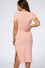 Pink Ribbed Button Front Maternity Midi Dress