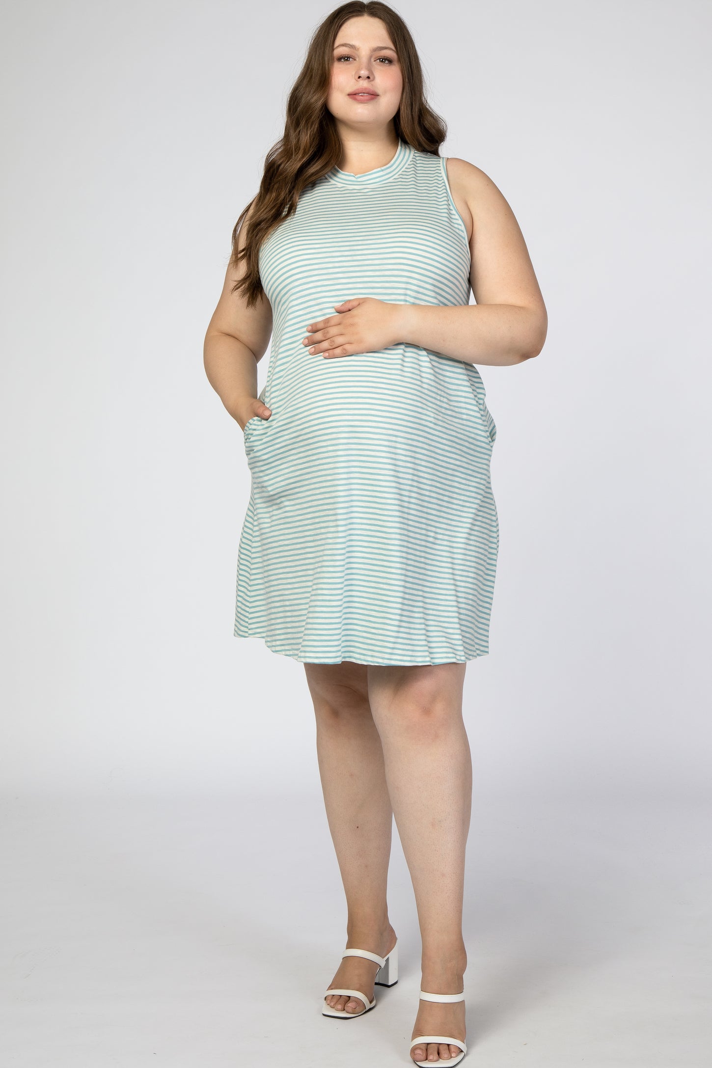 Aqua Striped Mock Neck Sleeveless Maternity Plus Dress