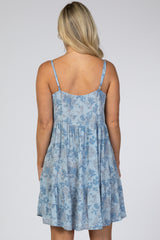 Blue Tropical Floral Print Front Button Maternity Dress