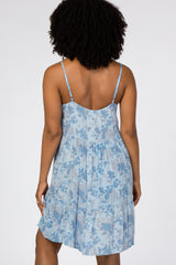 Blue Tropical Floral Print Front Button Dress