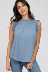Blue Ruffle Accent High Neck Maternity Top