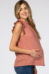 Rust Ruffle Accent High Neck Maternity Top