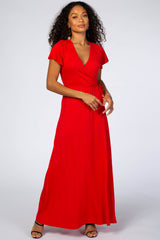 Red Wrap Front Waist Tie Maternity Maxi Dress