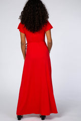 Red Wrap Front Waist Tie Maxi Dress