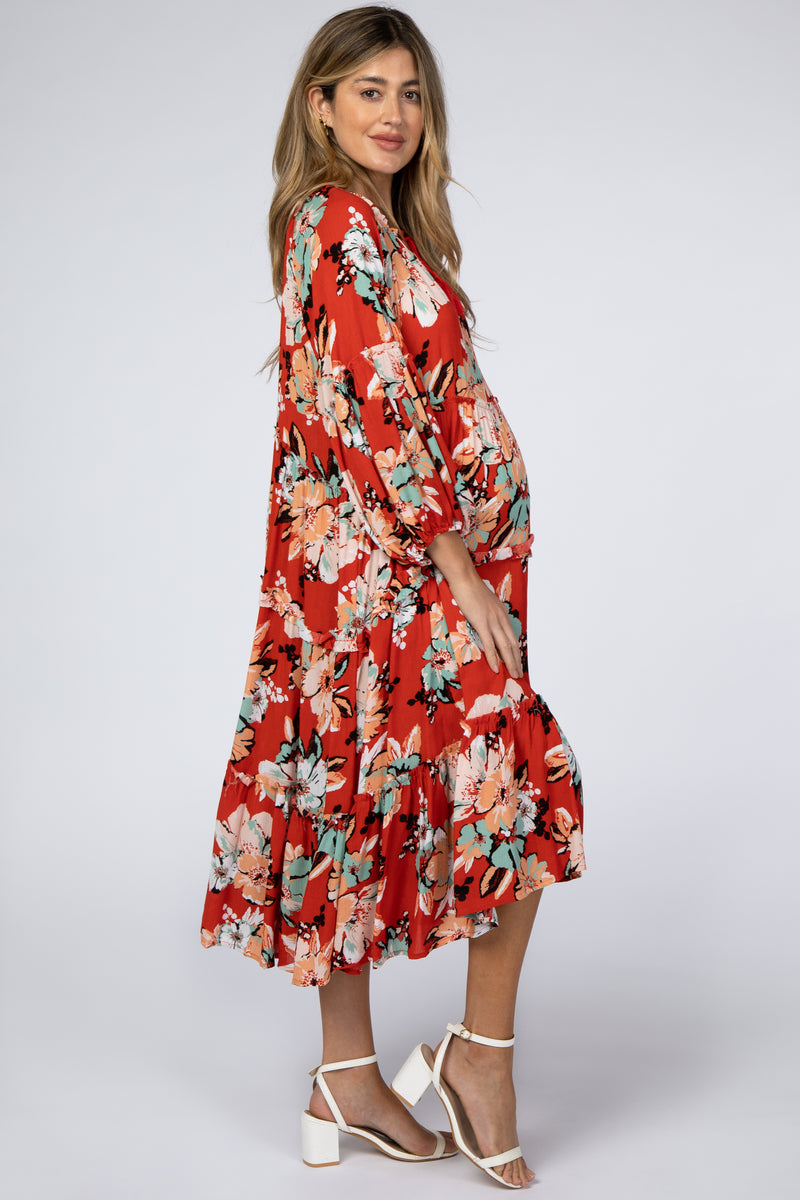 Red Floral 3/4 Sleeve Tiered Maternity Midi Dress– PinkBlush