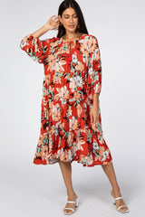 Red Floral 3/4 Sleeve Tiered Maternity Midi Dress