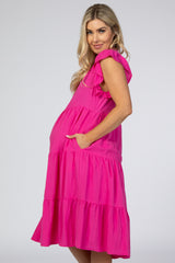 Fuchsia Tiered Ruffle Sleeve Maternity Midi Dress