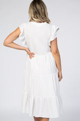 White Tiered Ruffle Sleeve Maternity Midi Dress