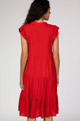 Red Tiered Ruffle Sleeve Midi Dress