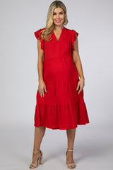 Red Tiered Ruffle Sleeve Maternity Midi Dress