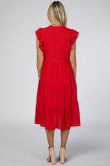 Red Tiered Ruffle Sleeve Maternity Midi Dress