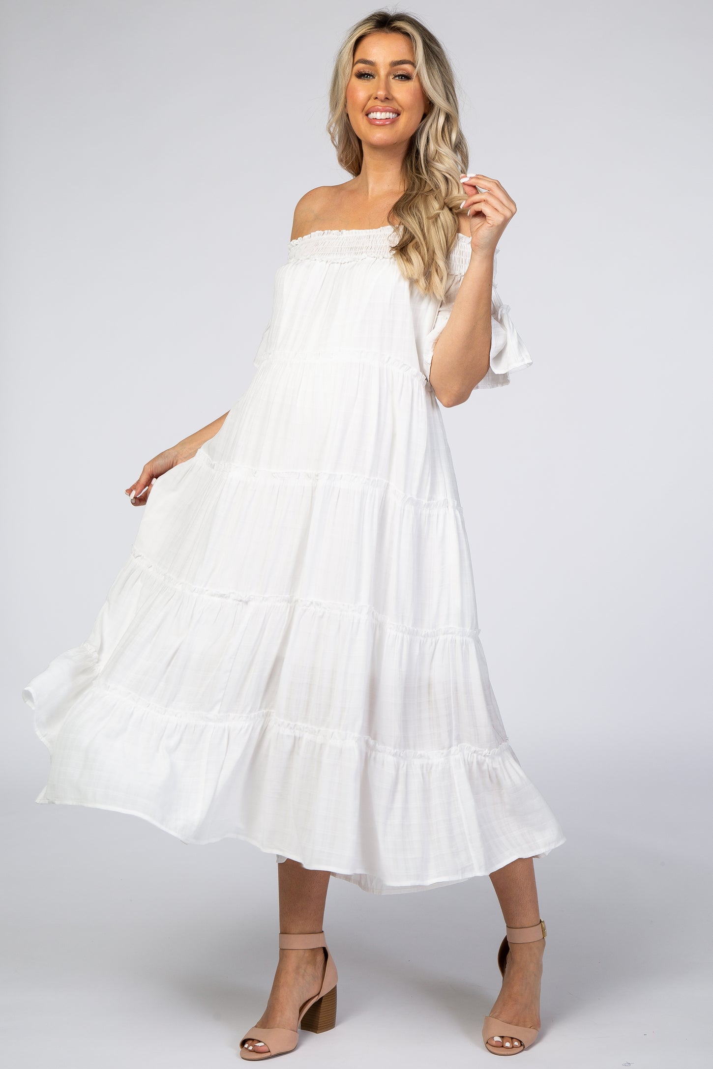 White Off Shoulder Tiered Maternity Midi Dress– PinkBlush