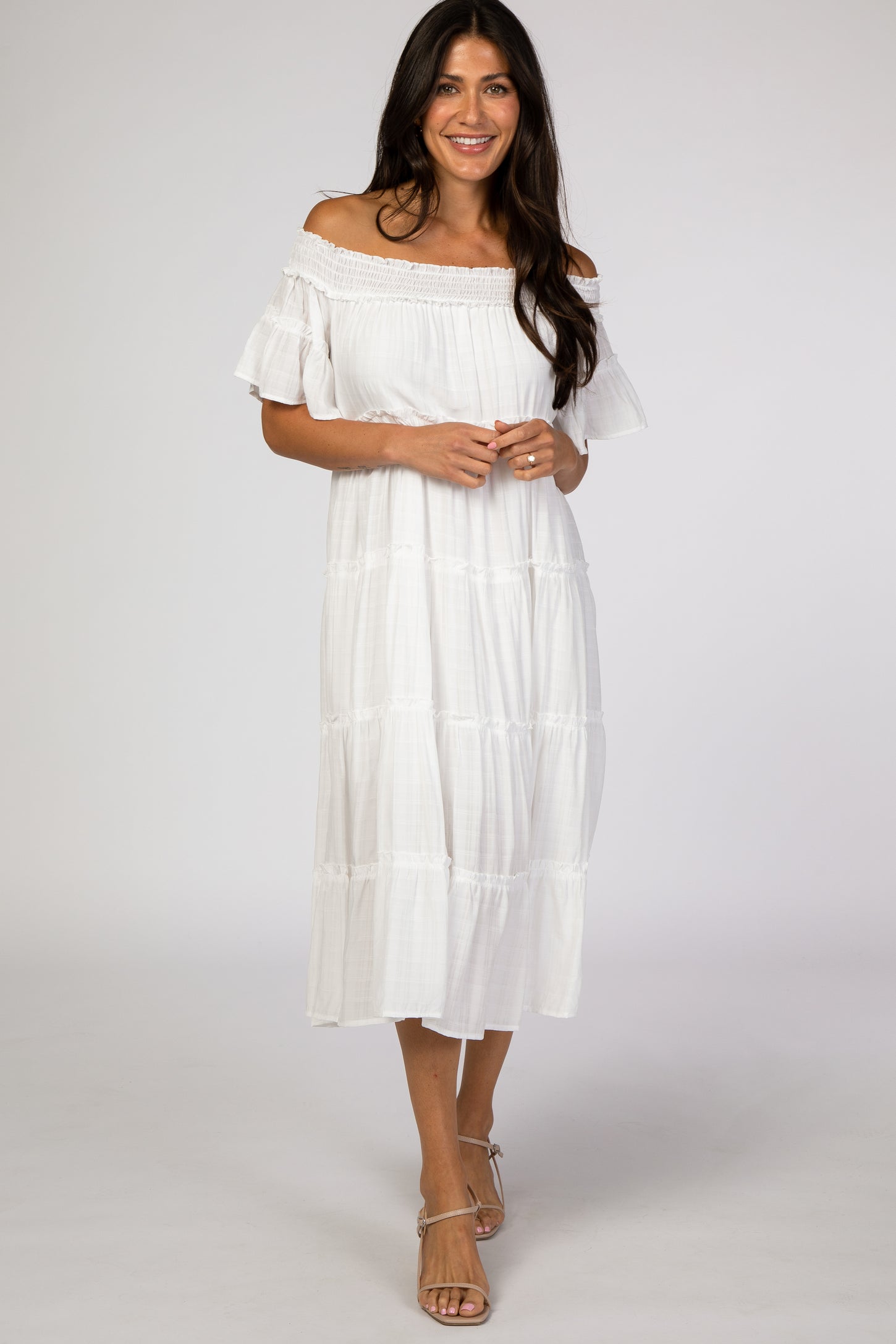 White Off Shoulder Tiered Maternity Midi Dress– PinkBlush