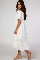 White Off Shoulder Tiered Midi Dress