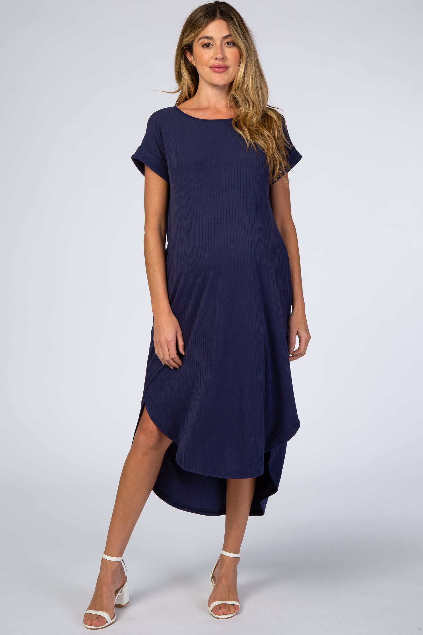 Navy Blue Ribbed Curved Hem Maternity Midi Dress