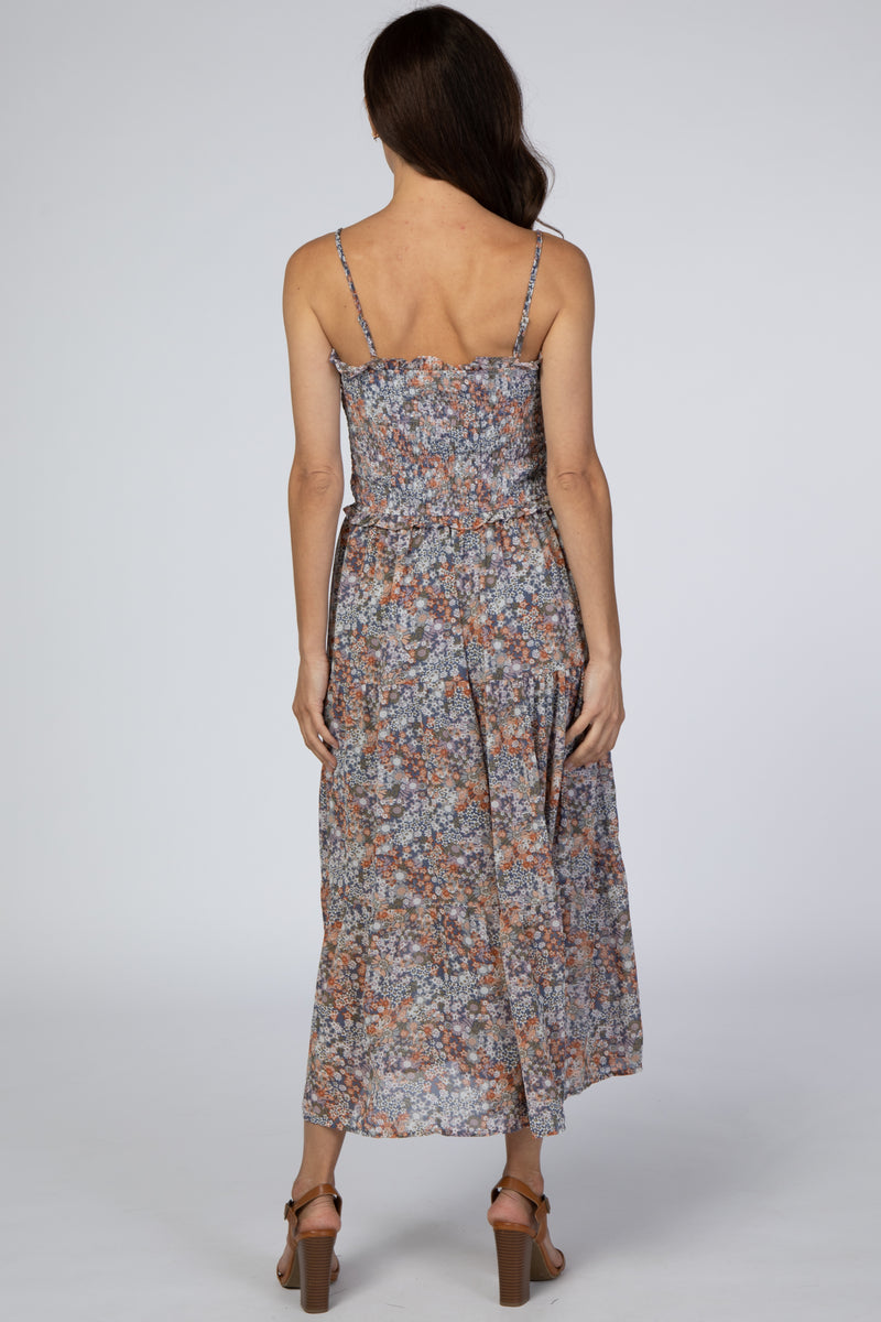 Blue Floral Chiffon Smocked Midi Dress– PinkBlush