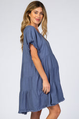 Blue Pleated Tier Fringe Trim Maternity Dress