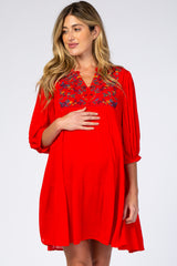 Red Button Up Embroidered Front Maternity Dress
