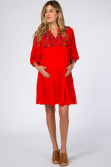 Red Button Up Embroidered Front Maternity Dress