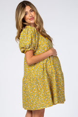 Yellow Floral Lace Trim Square Neck Maternity Dress