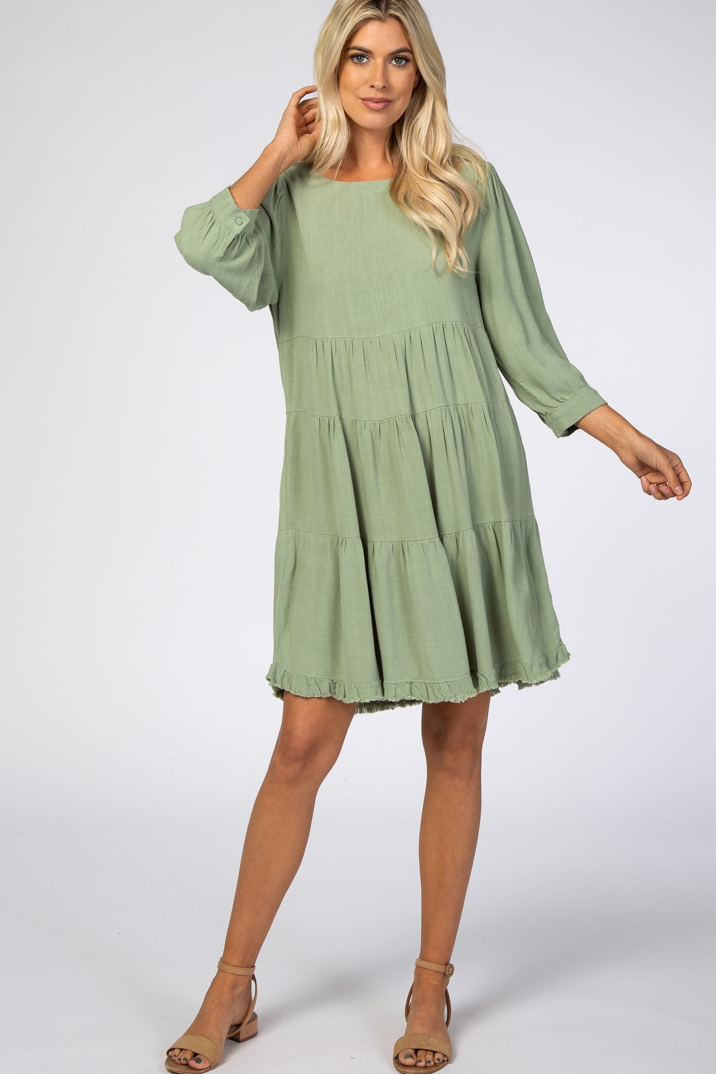 Light Olive 3/4 Sleeve Pleated Tier Fringe Hem Maternity Dress– PinkBlush