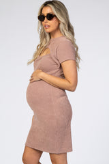 Taupe Ribbed Cutout Fitted Maternity Dress