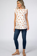 Ivory Floral Ribbed Ruffle Sleeve Maternity Top