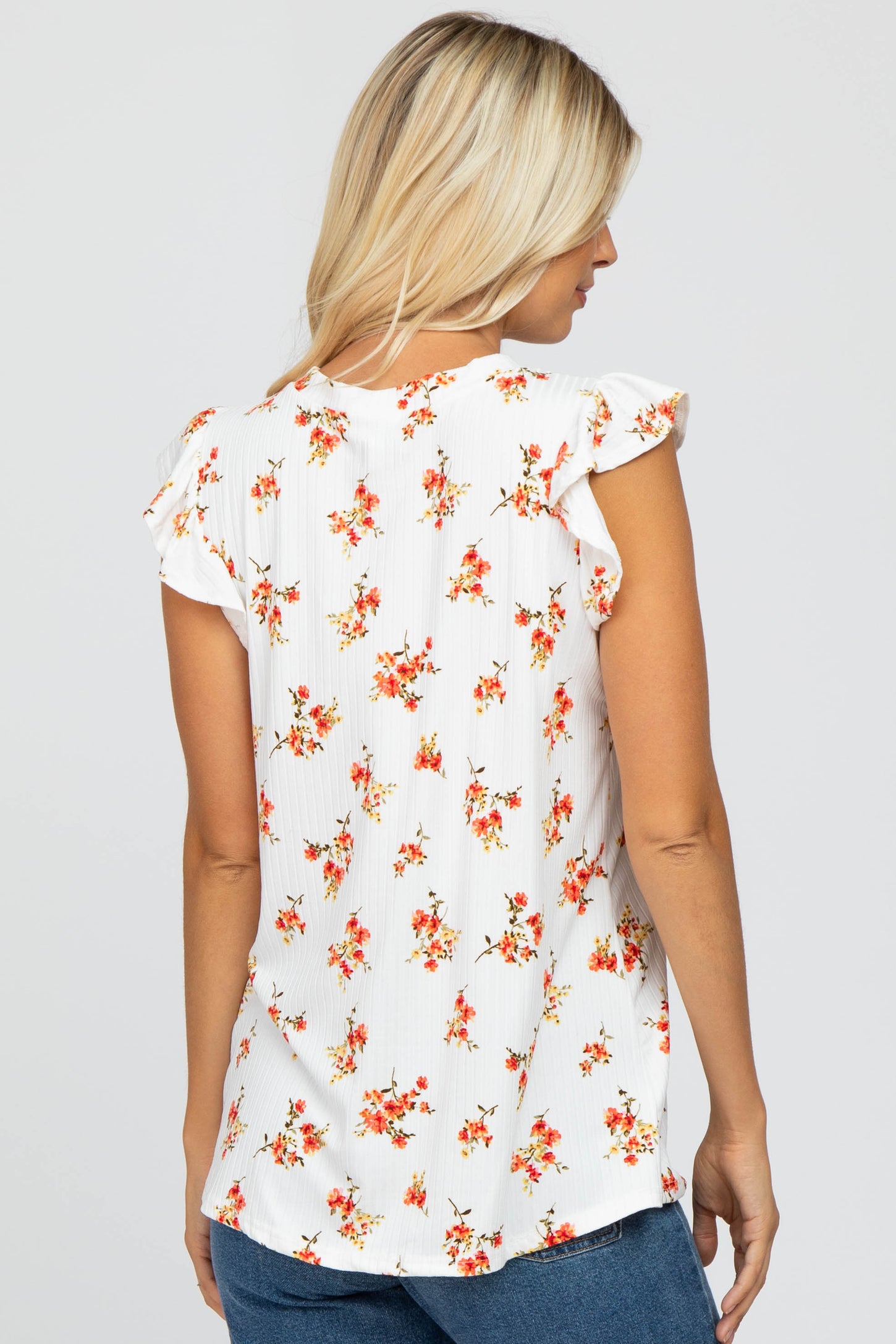 Ivory Floral Ribbed Ruffle Sleeve Top