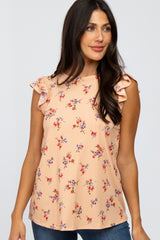 Peach Floral Ribbed Ruffle Sleeve Top