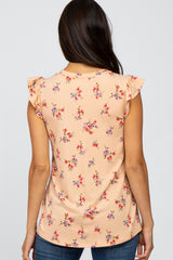 Peach Floral Ribbed Ruffle Sleeve Top