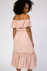 Light Pink Floral Ruffle Off Shoulder Midi Dress