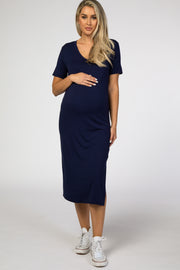 Navy Blue Side Slit Maternity Midi Dress