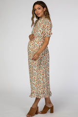 Ivory Floral Mock Neck Maternity Midi Dress