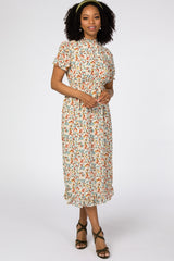 Ivory Floral Mock Neck Maternity Midi Dress